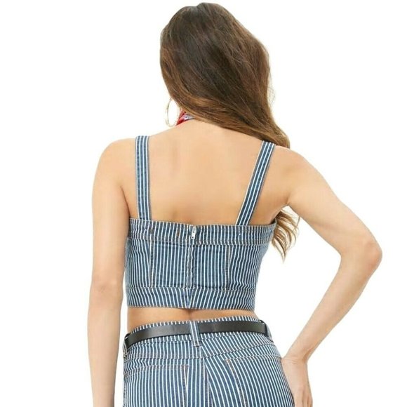 FOREVER 21 Striped Denim Crop Top and Wide Leg Jean 2 Piece Set Size Sma… - Picture 5 of 15